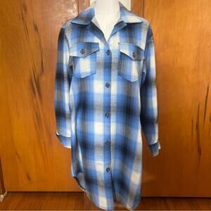 Women’s Blue Black Plaid Flannel Collared Button Up Long Sleeve Shirt Dress